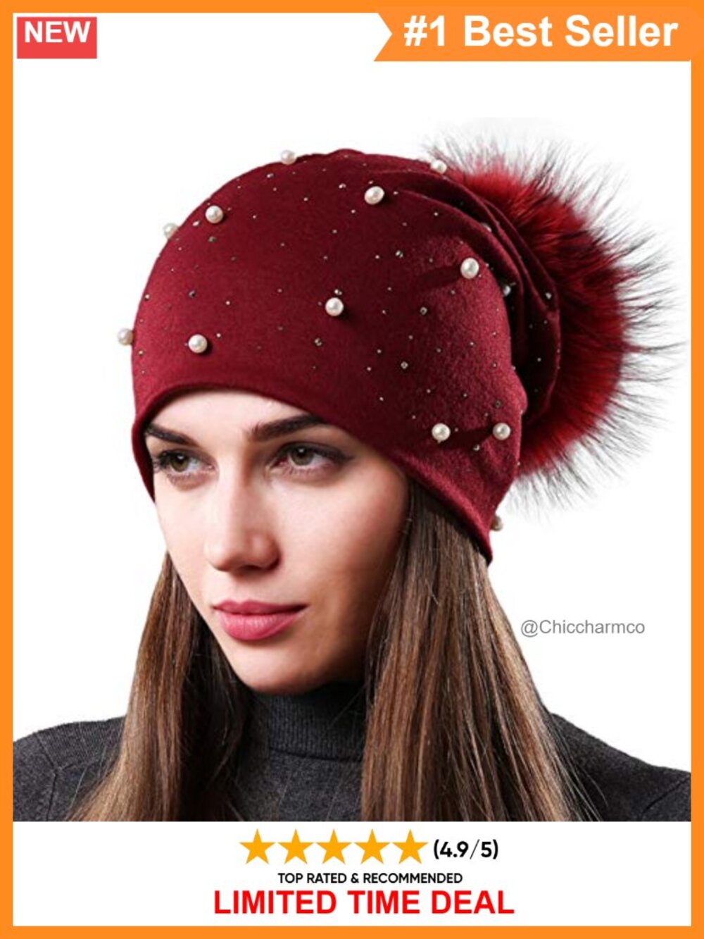 Cotton Slouchy Beanie Hat with Raccoon Fur Pompom Pearls Rhinestones Winter